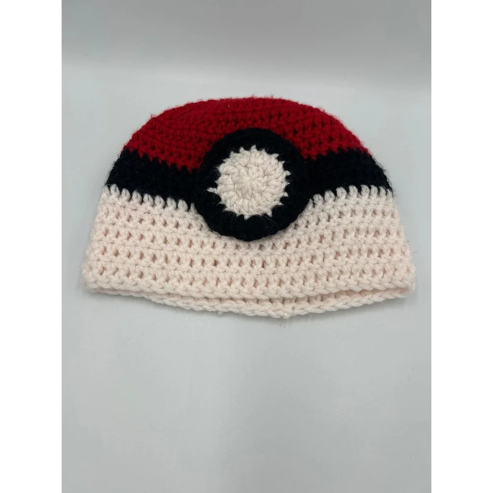 Handmade Crochet‎ Poke Ball Beanie Kids Red White Black Anime Knit Hat
